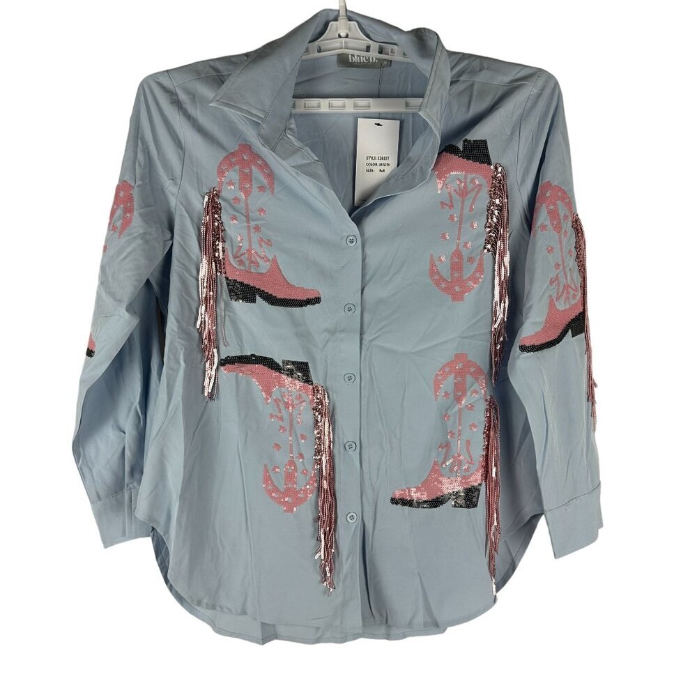 Blue b Womens Baby Blue & Pink Sequin Fringe Cowboy Boot Print Button-Up Shirt M